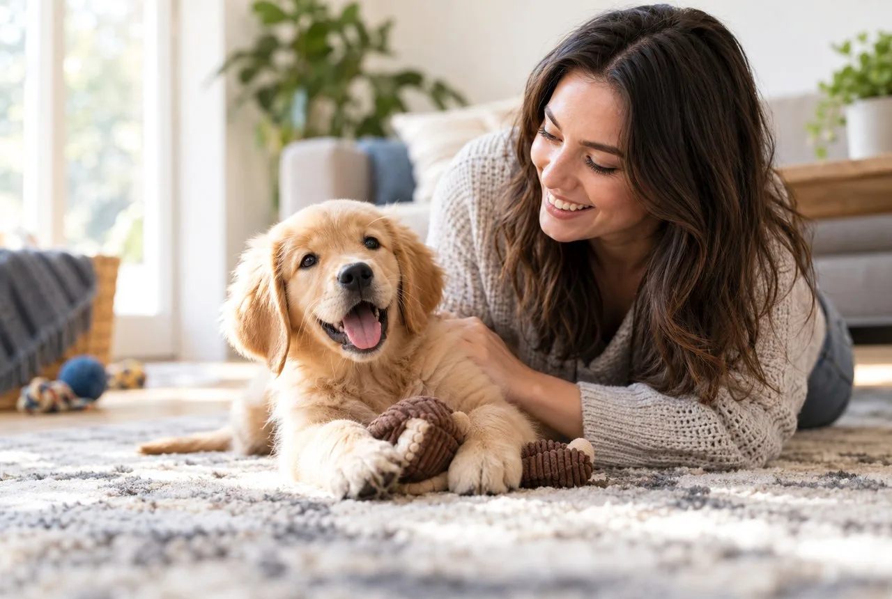 Young golden-colored dog resting beside its owner on a rug