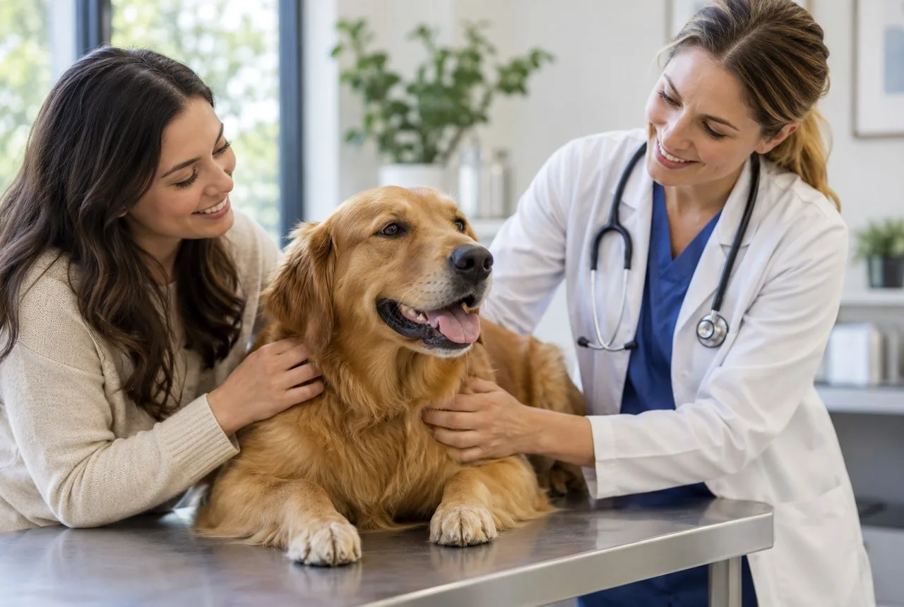 Owner and veterinarian beside a golden-colored dog at an examination table